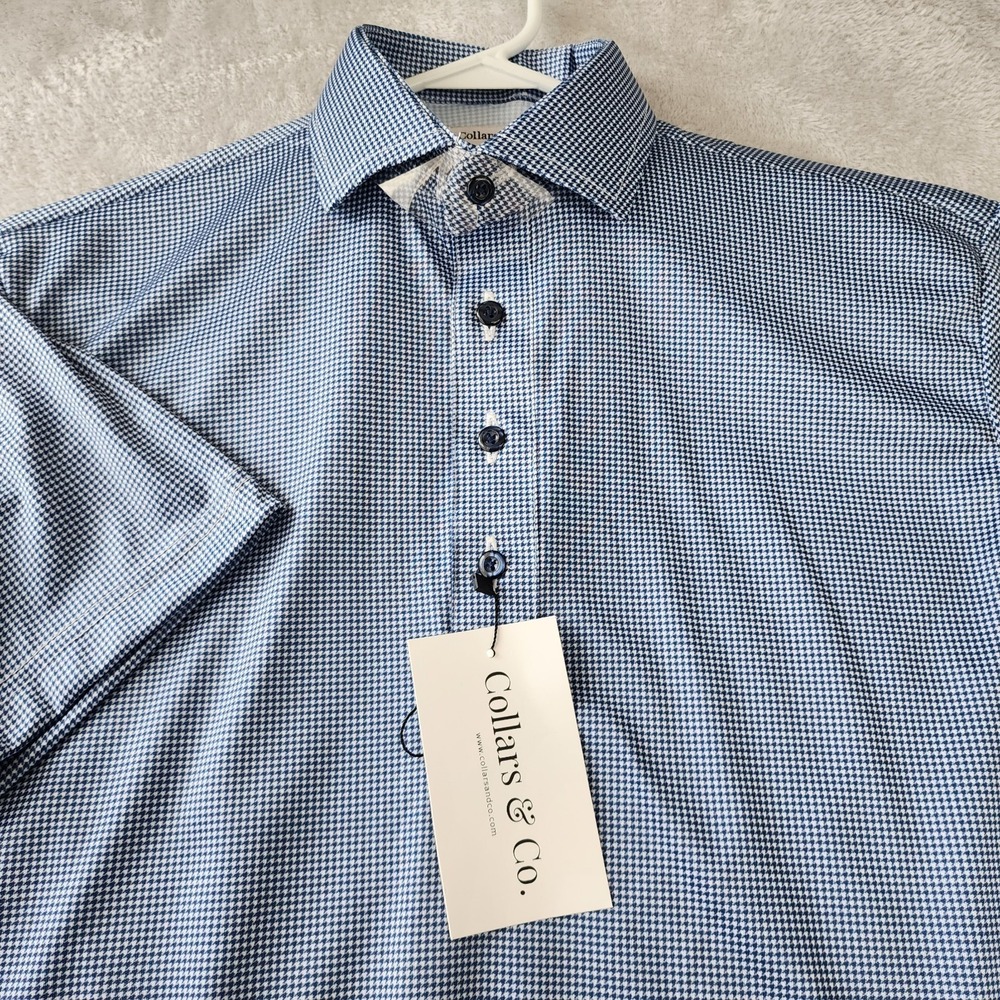 Collars & Co Polo Shirt Mens Size Small Navy Blue Houndstooth Semi Spread Travel
